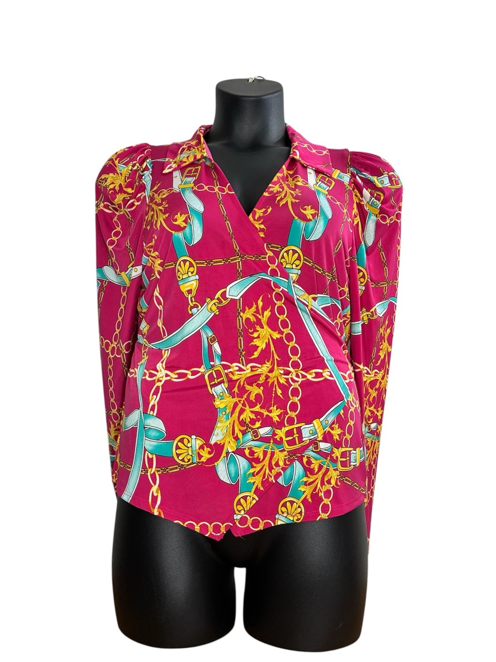 Women's Fuchsia Chain-Print V-Neck Blouse Wrap Blouse XL